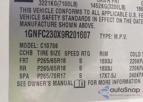 2009 Chevrolet Tahoe Lt2 z USA, uszkodzony, nr VIN 1GNFC230X9R201607